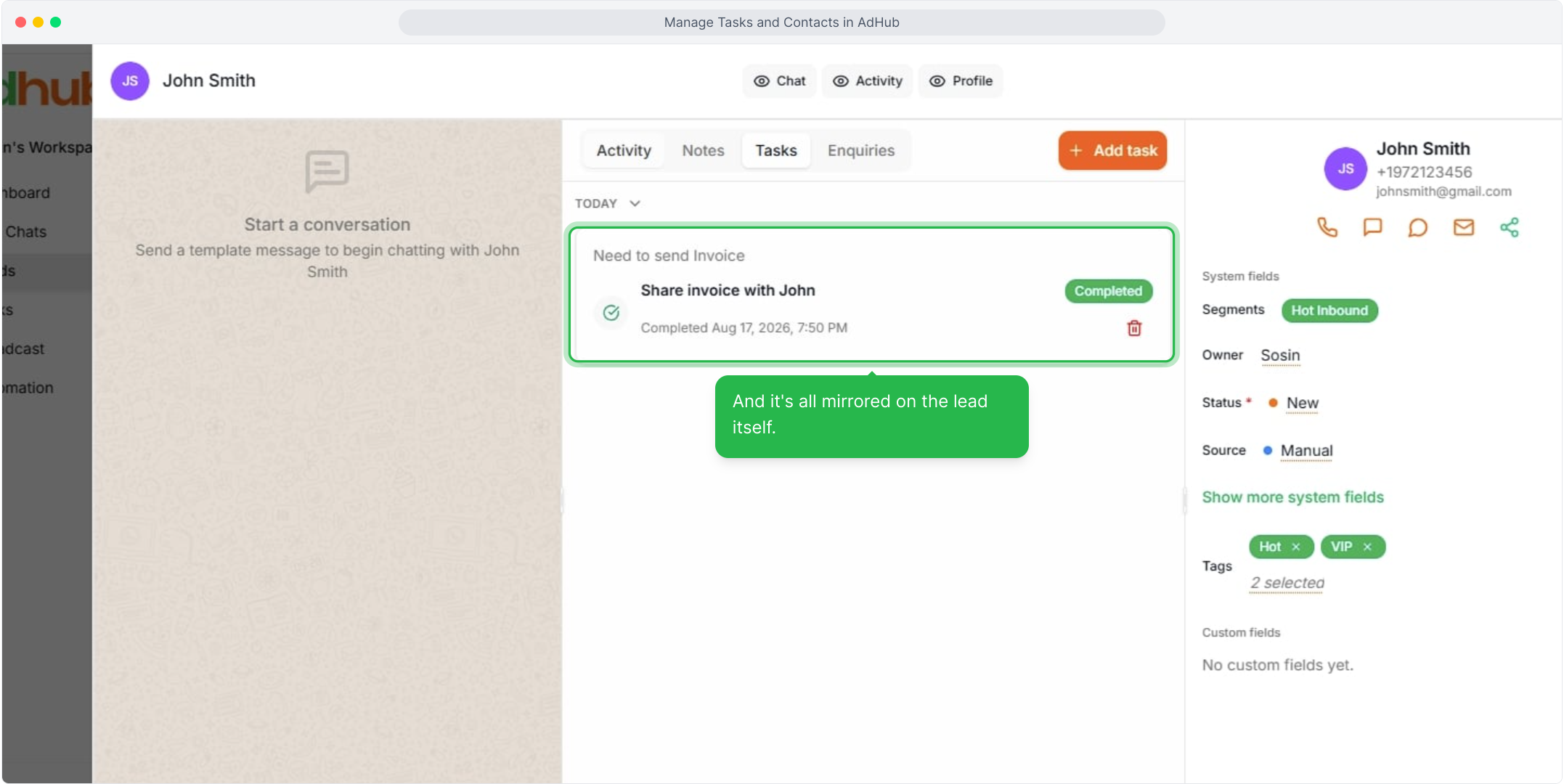 Tasks shown on the lead's profile