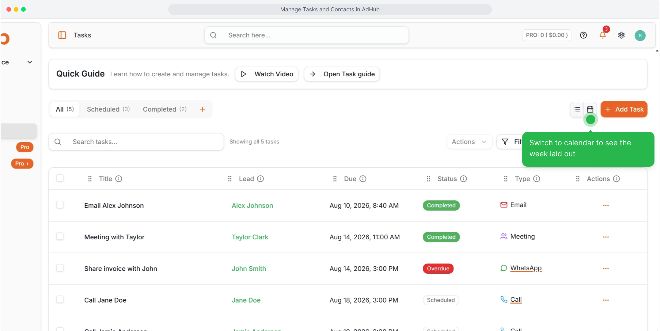 Switch to the calendar view
