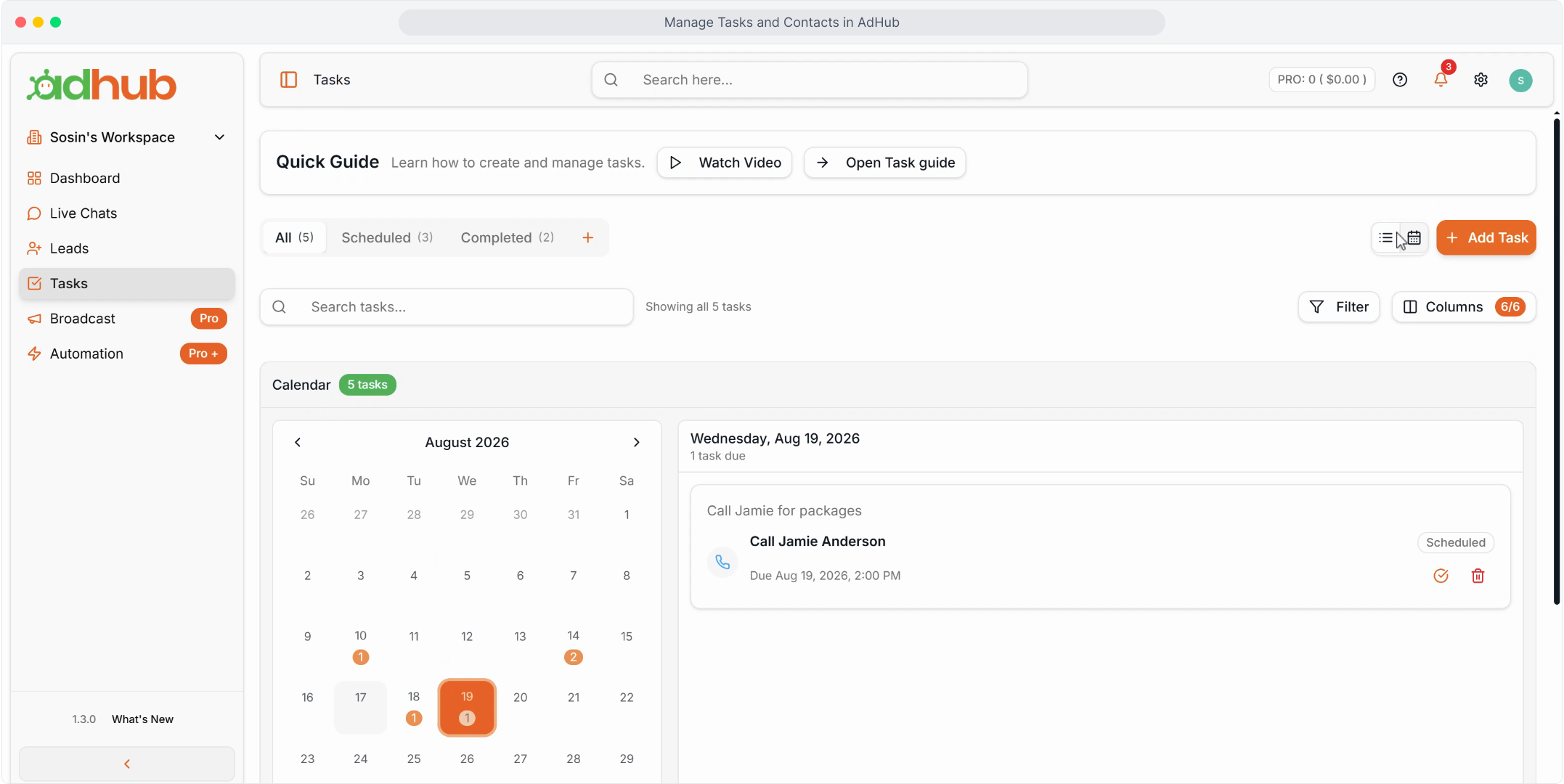 Tasks shown on the calendar