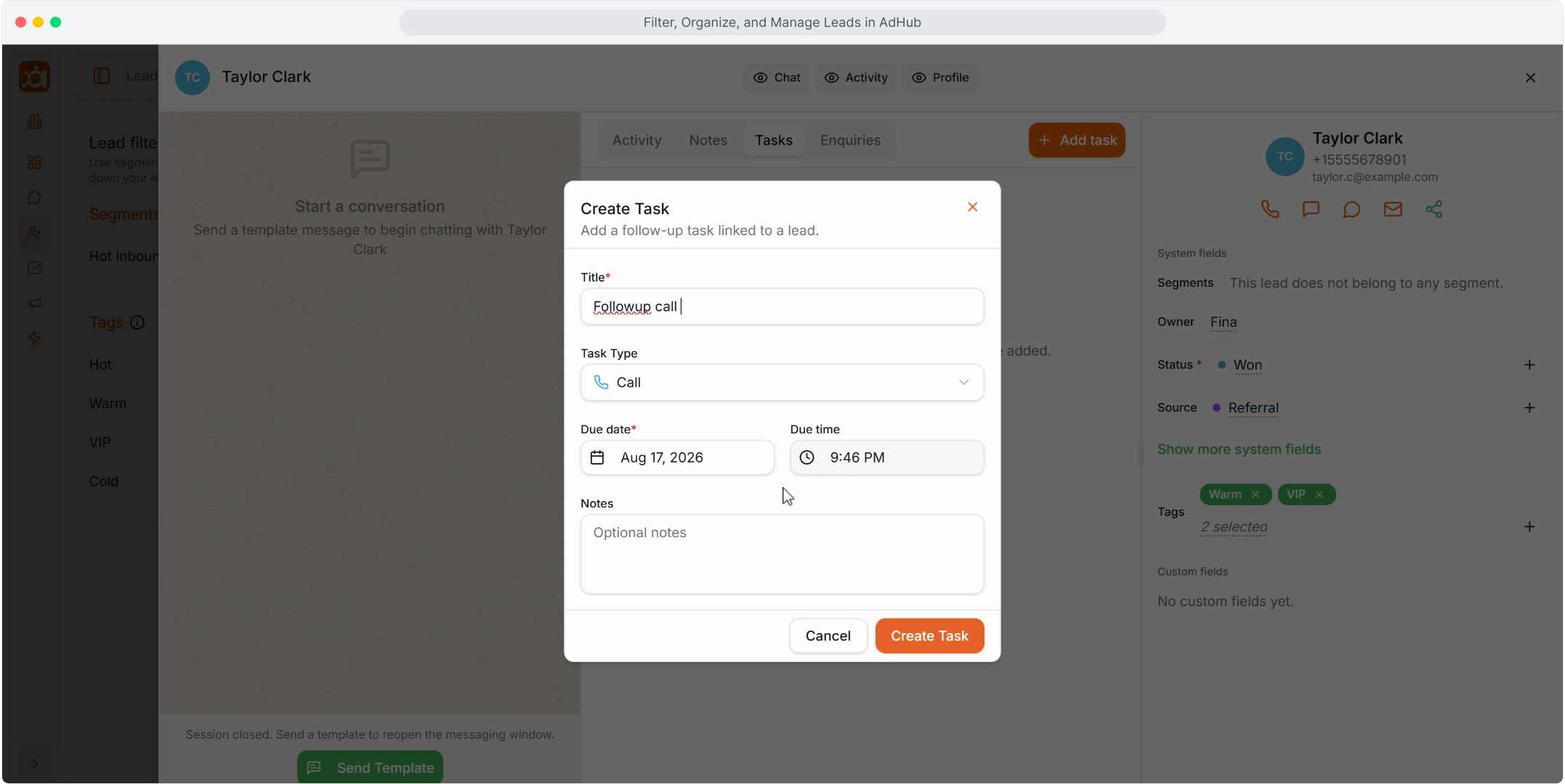 Create a follow-up task for the lead