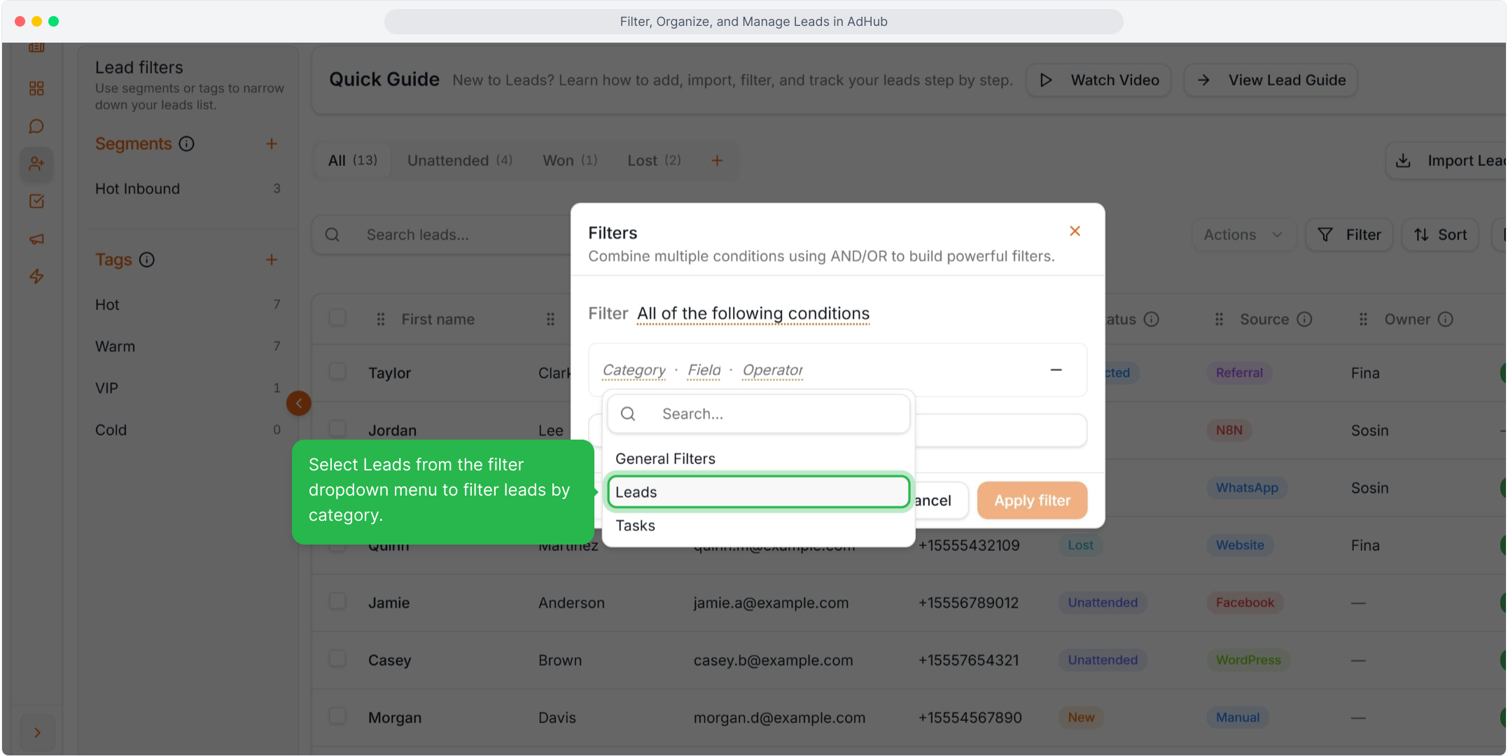 Select Leads as the filter category
