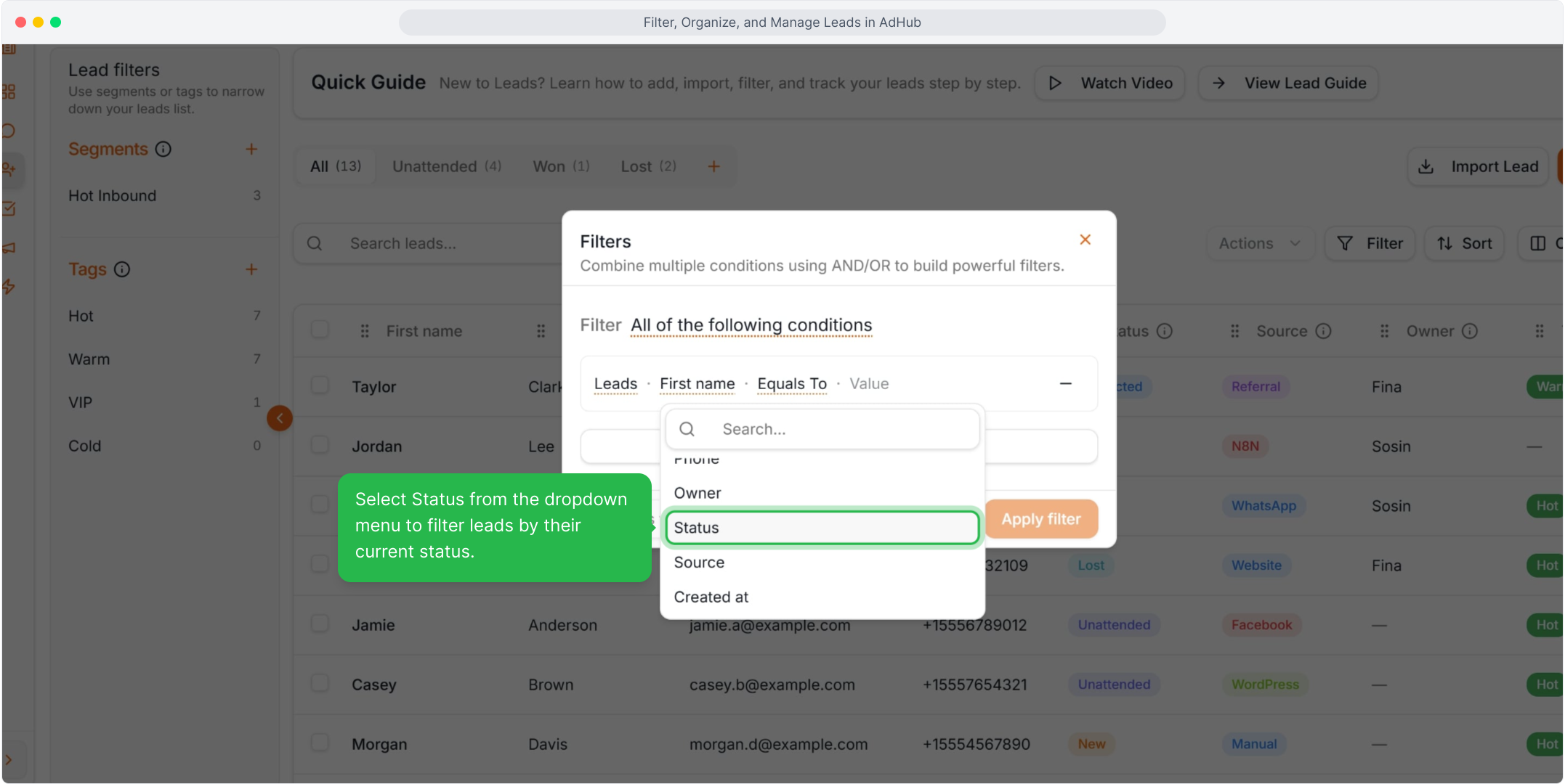 Select Status as the filter field