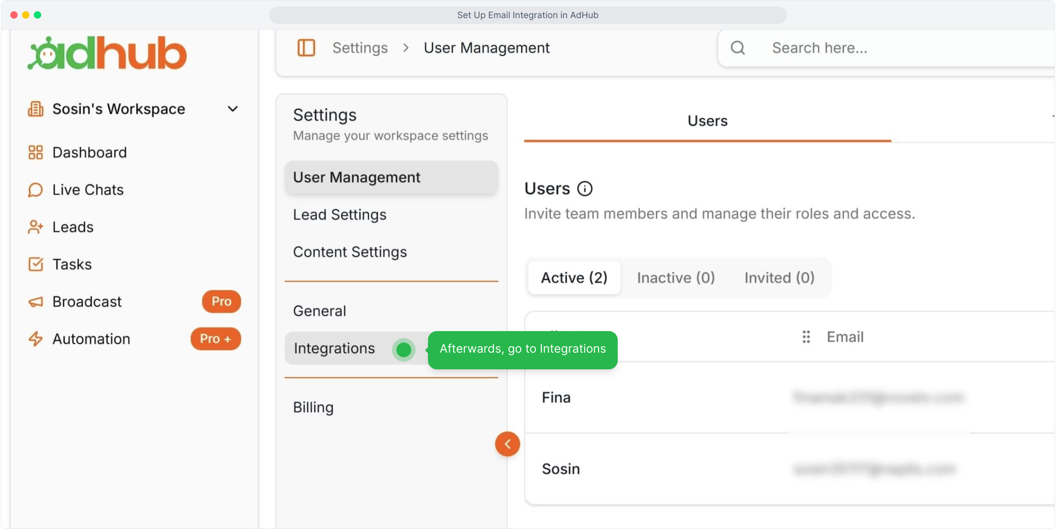 Click Integrations in the settings menu