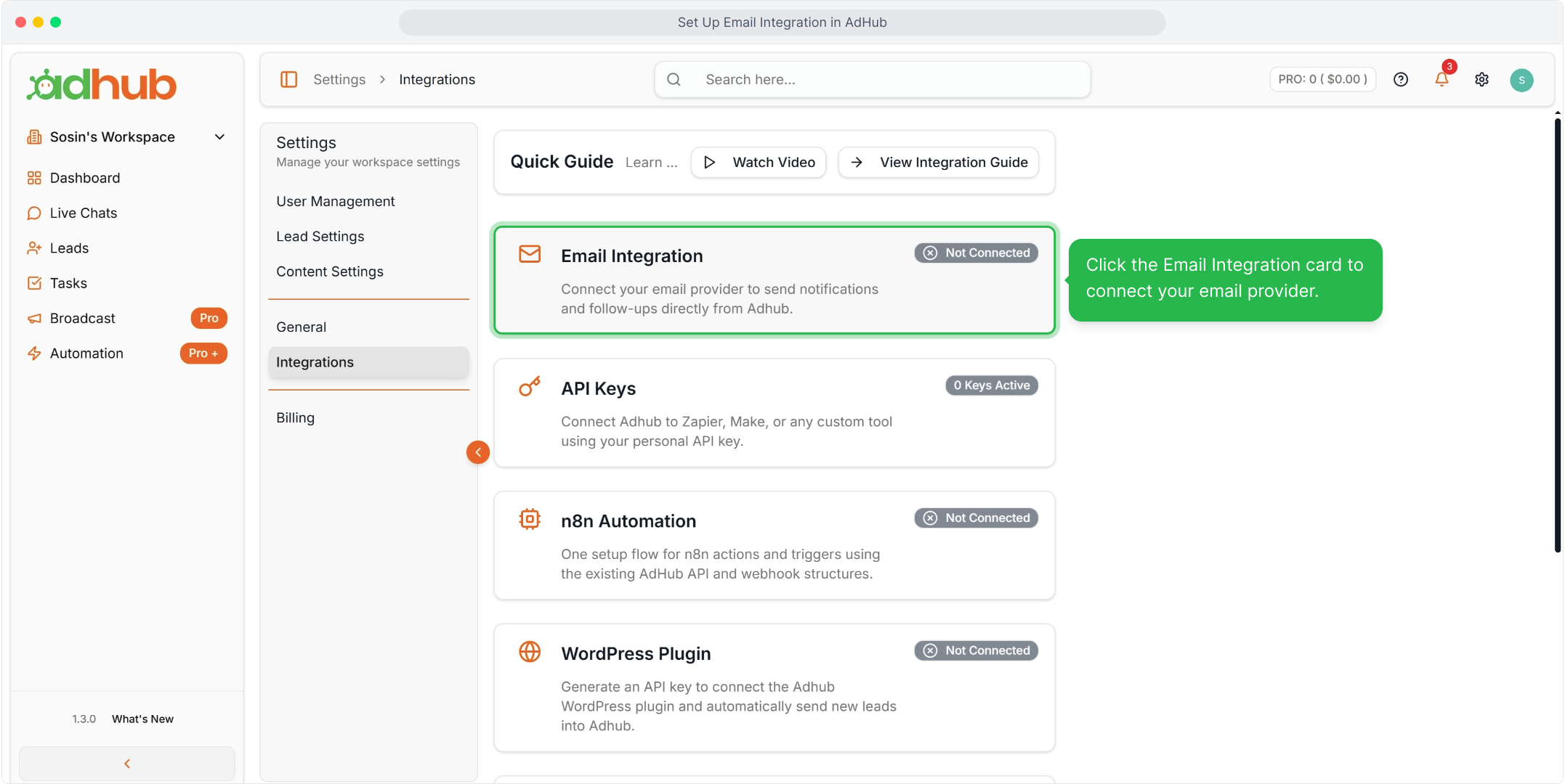 Click the Email Integration card