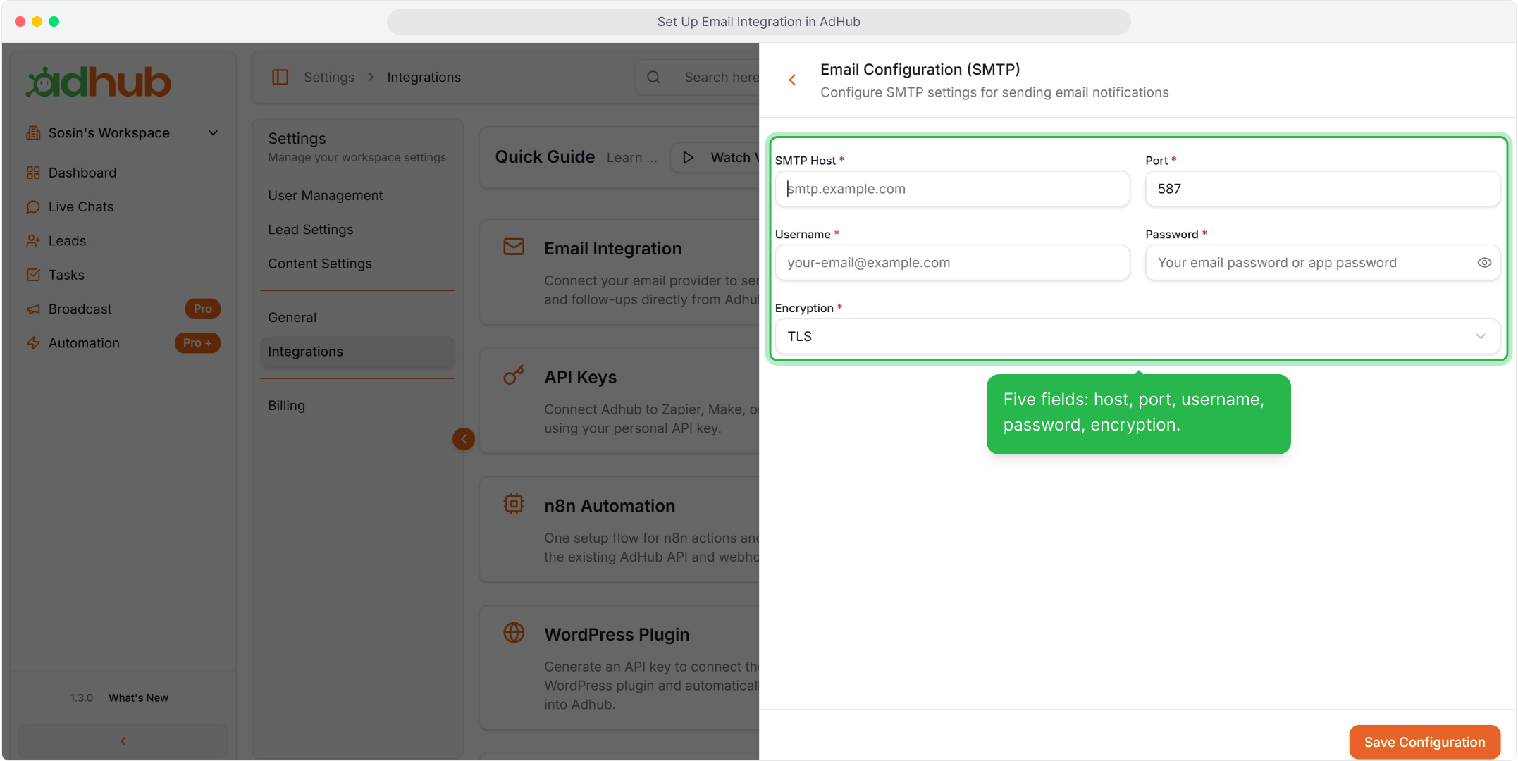 The Email Configuration (SMTP) fields