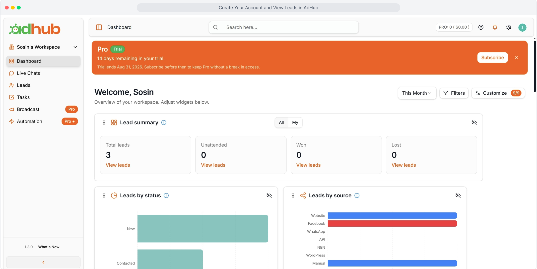AdHub dashboard overview with lead summary widgets
